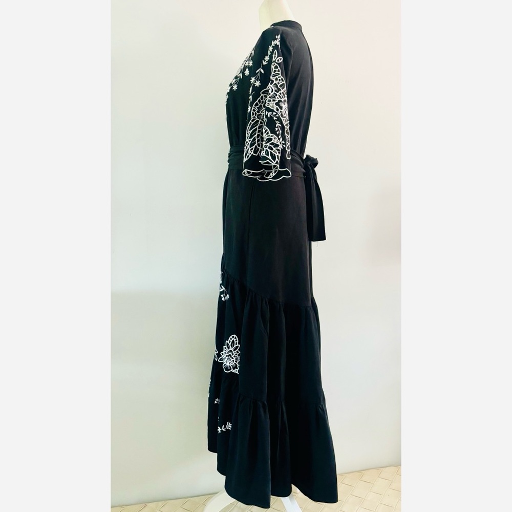 Kobi Halperin Black Maxi Dress with White Floral Embroidery, Ruffles-Small - Picture 5 of 11